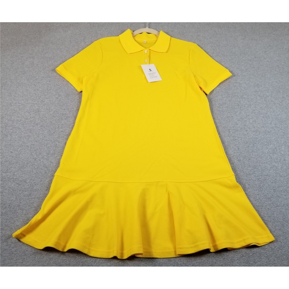 NEW Flygo Polo Dress Womens Small S Yellow Short Sleeve Ruffle Hem Pique Preppy